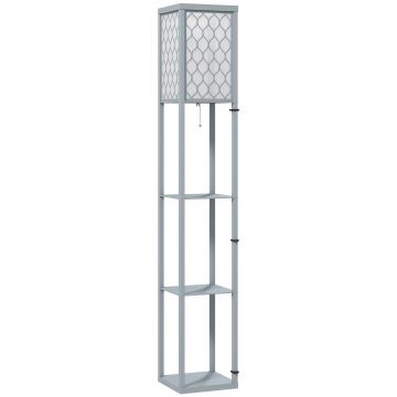 HOMCOM Lampadar Podea 2 în 1, 3 Rafturi, Economisire Spațiu, Soclu E27, 26x26x160 cm, Gri Deschis | Aosom Romania