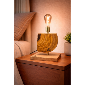 Lampa de birou din maslin masiv cu baza stejar   bec Edison, handmade