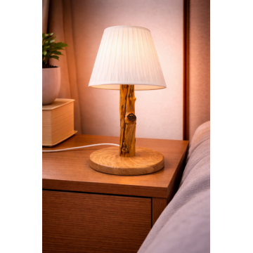 Lampa de birou din stejar masiv natural ,   tulpina cu abajur textil pliseat