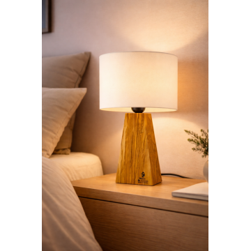 Lampa de masa cu baza din lemn de maslin si abajur textil
