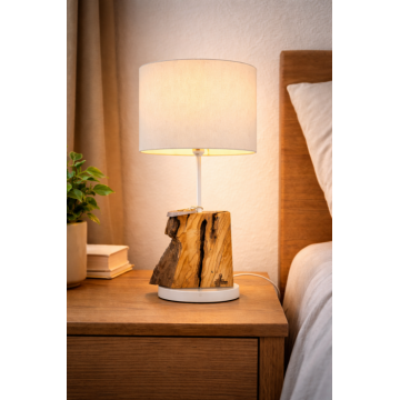 Lampa de masa din maslin masiv ,   abajur textil alb   handmade