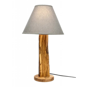 Lampa de masa handmade din lemn de maslin cu abajur gri