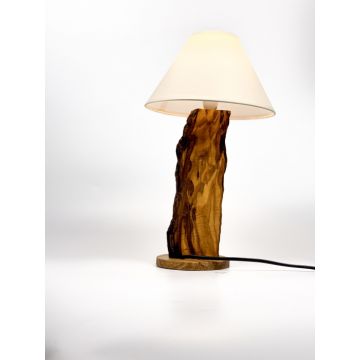 Lampa de masa handmade din lemn de maslin ,   forma naturala, cu abajur crem