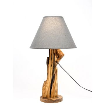 Lampa de masa handmade din lemn de maslin ,   forma naturala, cu abajur gri