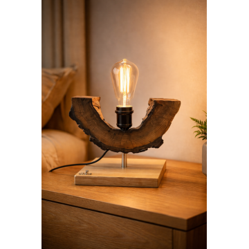 Lampa decorativa din nuc, cu baza din stejar, handmade, unicat