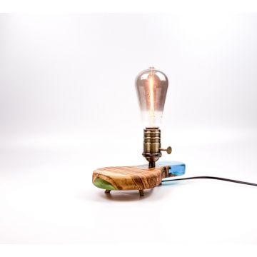 Lampa decorativa handmade din lemn de maslin si rasina albastra