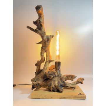 Lampa decorativa Radacina, Mugur de Lumina, handmade din lemn recuperat cu bec filament