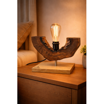Lampa din nuc masiv cu forma curbata si baza stejar ,   bec Edison   handmade Mugur de Lumina