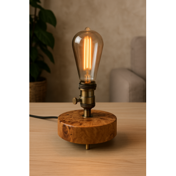 Lampa din plop masiv ,   disc rotund cu soclu vintage bronz   bec Edison,  handmade