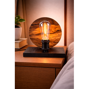 Amurg ,   lampa din maslin masiv cu disc flacari   bec Edison, baza stejar inchis, handmade