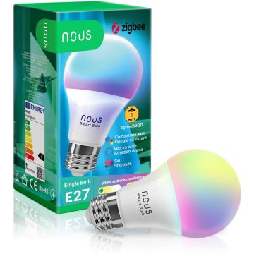 Nous Bec LED RGB inteligent Nous P3Z, ZigBee, E27, 9W, 810 lm, lumina colorata (2700-6500K), sincronizare muzica/filme/jocuri, control vocal, clasa energetica F