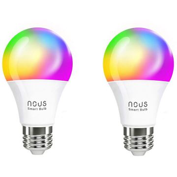 Nous Pachet 2 becuri LED RGB inteligente Nous P3, Wi-Fi, E27, 9W, 810 lm, control vocal, lumina alba si color (2700-6500K) , clasa energetica F