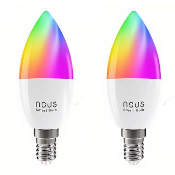 Nous Pachet 2 becuri LED RGB inteligente Nous P4, Wi-Fi, E14, 4.5W, 380 lm, control vocal, lumina alba si color (2700-6500K) , clasa energetica F