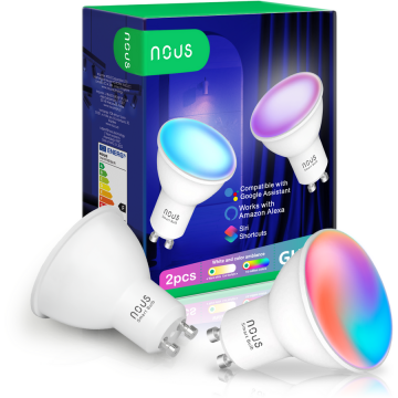 Nous Pachet 2 becuri LED RGB inteligente Nous P8, Wi-Fi, GU10, 4.5W, 350 lm, lumina alba si colorata (2700-6500K), control din aplicatie, compatibil Google Home/Amazon Alexa , clasa energetica F