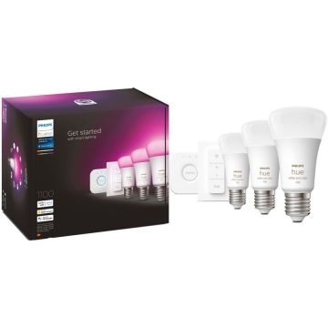 Philips Pachet 3 becuri LED RGB Philips Hue, Wi-Fi, Bluetooth, Zigbee, A60, E27, 9W (75W), 806-1100 lm, lumina alba si colorata + Consola Hue Bridge + Intrerupator, clasa energetica F