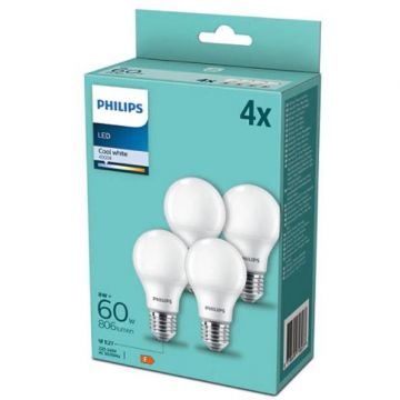 Philips Pachet 4 becuri LED Philips A60, E27, 8W (60W), 806 lm, lumina alba rece (4000K)