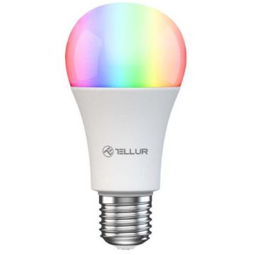Tellur Bec inteligent LED RGB Tellur TLL331341, Wi-Fi, dimabil, E27, 9W, 820 lm, lumina alba si colorata (2700K-6500K + RGB), clasa energetica F