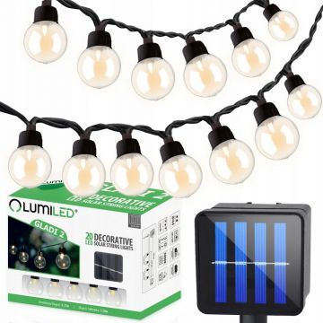 Ghirlanda solara 20 LED-uri, 3000K, 600 mAh, senzor amurg, 2 moduri iluminare, lungime totala 759 cm