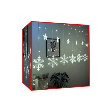 Instalatie LED de Craciun, perdea cu stele si fulgi zapada, 138 LED-uri lumina rece, 8 moduri iluminare, interior/exterior