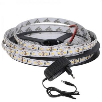 Kit banda LED interior 12V, alb cald, 2700K, 20-22lm/led, lungime 5 m, alimentare priza, IP20