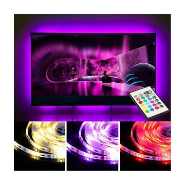 Kit banda LED pentru iluminare TV, alimentare USB, cu telecomanda, lungime 2 m