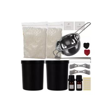 Kit creare lumanari, 36 piese, 2 uleiuri esentiale, borcan 200 ml, 20 autocolante