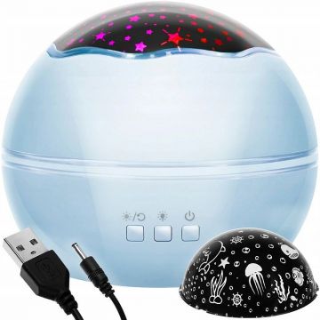 Lampa copii 2 in 1, proiector 2 moduri iluminare, 4 culori iluminare, cer instelat/lume subacvatica, 12x12x10 cm