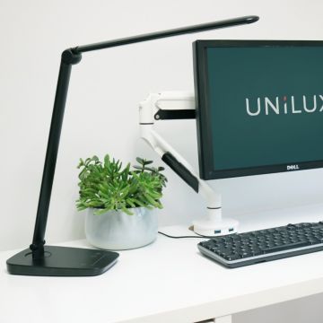 Lampa Unilux Twist LED pentru Birou, Reglabila, Cap si Baza Rotative, Brat Ajustabil, 2 Comutatoare Tactile, port USB, Negru