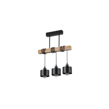 Lustra suspendata tavan, design industrial, 3 becuri LED E27, bara din lemn, IP20, negru