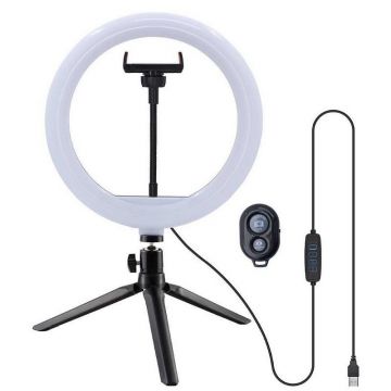 Lampa circulara LED 12W, 25 cm, trepied masa, telecomanda Bluetooth, 3 moduri iluminat