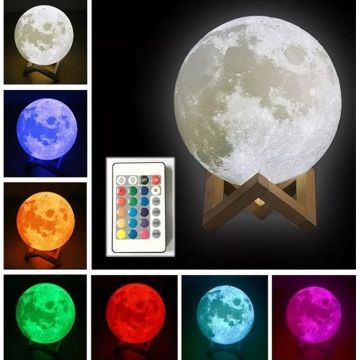 Lampa de veghe luna 3D 20 cm, 16 culori, telecomanda, suport lemn, reincarcabila USB