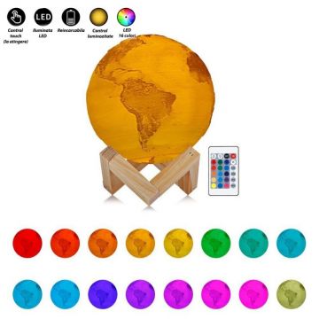 Lampa Glob Pamantesc 3D 20 cm, LED 16 culori, reincarcabila, telecomanda, stand lemn