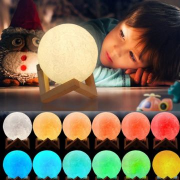 Lampa luna 3D 12cm, multicolora 5 efecte, reincarcabila, telecomanda, suport lemn