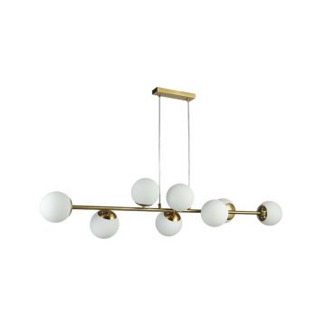 Lustra LED suspendata, model Bali, 8 becuri, baza 20x5 cm, 35W, metal si sticla, IP20, alb/auriu