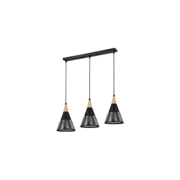 Lustra moderna pentru living, 3 pendule, lemn si otel, E27, baza 60x50x20 cm, abajur 18 x 26 cm