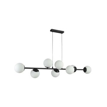 Lustra suspendata, 8 surse de lumina, 35W, abajur 12 cm, inaltime 80 cm, metal si sticla