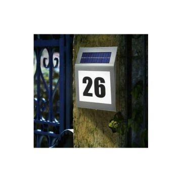 Numar de casa cu lumina LED, incarcare solara, 18x20x3 cm, baterie reincarcabila, otel si sticla