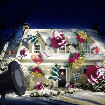 Proiector LED 4 figurine Craciun, pentru exterior IP44, unghi reglabil, proiectie Mos Craciun, brad, clopotei