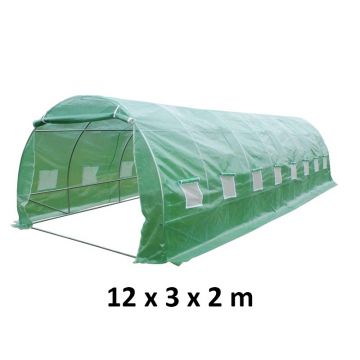 Sera gradina, 12x3x2 m, solar 16 ferestre, folie polietilena 140 g/m, plasa anti insecte