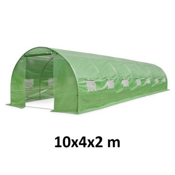 Sera tip tunel, 10x4x2 m, folie PE si cadru otel, filtru UV4, 14 ferestre laterale