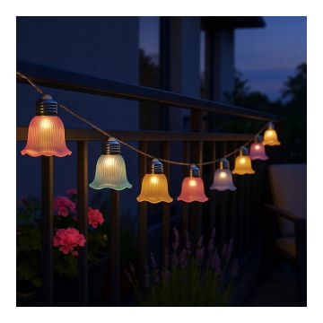 Ghirlanda solara LED, 10 becuri, abajur floare, 3000K, 20 lm, IP44, lungime totala 380 cm