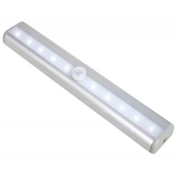 Lampa LED cu senzor miscare, 10 leduri, 80lm, 1W, 19 x 3 x 1,7cm, alb