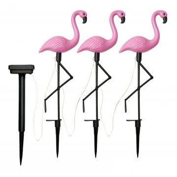 Set 3 lampi solare LED, grad protectie IP65, figurina flamingo, rezistenta interperii, 300mAh, 1,2V, 52,5 cm, roz