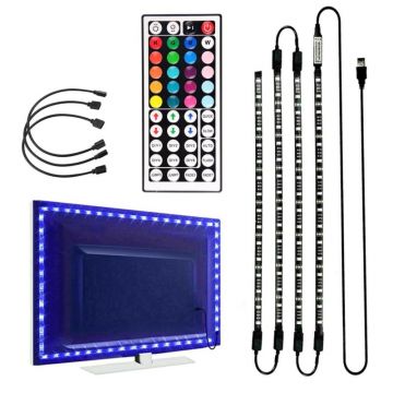 Set 4 benzi LED iluminare TV, iluminare RGB, telecomanda, 50 x 1 x 0,2 cm, negru